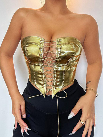 ゴールド 超セクシーなカルブウェア ストラップレス ノースリーブ レースアップ ソリッドカラー レディース トップス