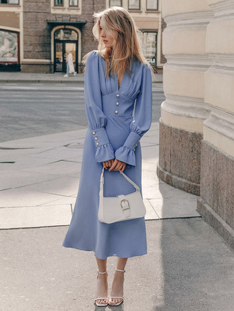 Blue Chiffon Midi Dress V-Neck Lantern Sleeves Buttons Dresses In Solid Color