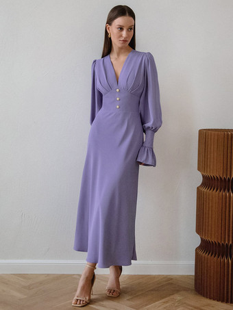 Purple Chiffon Midi Dress V-Neck Lantern Sleeves Buttons Dresses In Solid Color