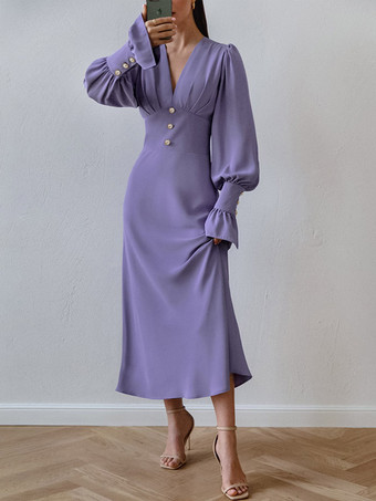 Chiffon Midi Dress V-Neck Lantern Sleeves Buttons Dresses In Solid Color