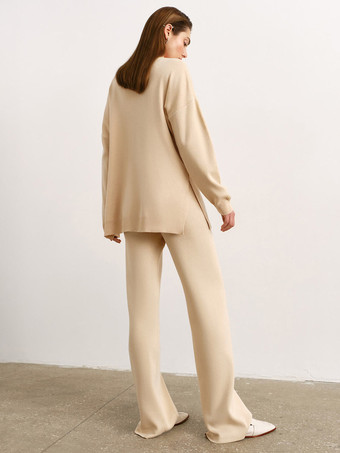 リブ2点セット モックネック スリットトップとストレートレッグ ソリッドカラーセット