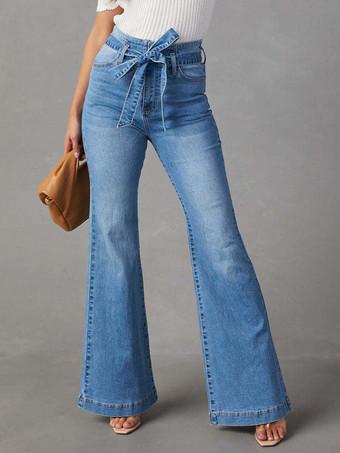 Flared Jeans High Waist Zipper Fly Lace Up Women's Pants In Solid
