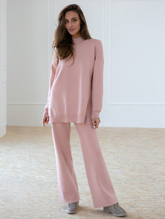 ピンクリブ2点セット モックネック スリットトップとストレートレッグ ソリッドカラーセット