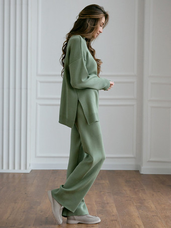 リブ2点セット モックネック スリットトップとストレートレッグ ソリッドカラーセット