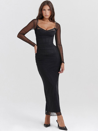 Black Maxi Dress Tulle Overlay Sweatheart Neck Prom Bodycon Dresses