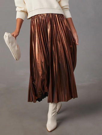 マホガニーメタリックフルスカート アコーディオンスカート ハイウエスト デイリーカジュアルスカート