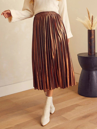 メタリックフルスカート アコーディオンスカート ハイウエスト デイリーカジュアルスカート