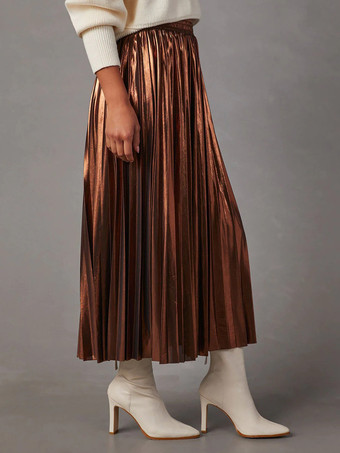 メタリックフルスカート アコーディオンスカート ハイウエスト デイリーカジュアルスカート