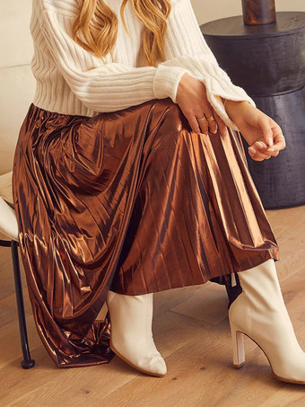 メタリックフルスカート アコーディオンスカート ハイウエスト デイリーカジュアルスカート