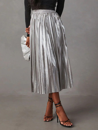 メタリックフルスカート アコーディオンスカート ハイウエスト デイリーカジュアルスカート