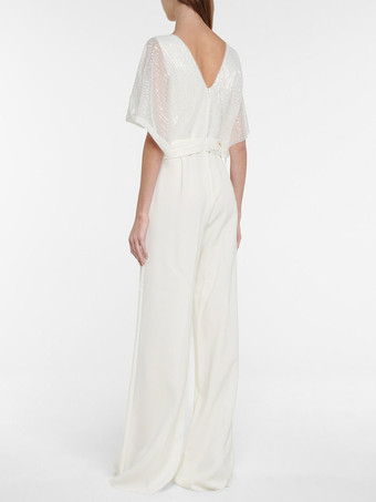 ブライダルジャンプスーツ スパンコール フロアレングスジャンプスーツ Vネック 半袖 ナチュラルウエスト アイボリー