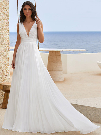 ホワイトシンプルなウェディングドレス シフォン Vネック ノースリーブ プリーツ Aライン ブライダルドレス