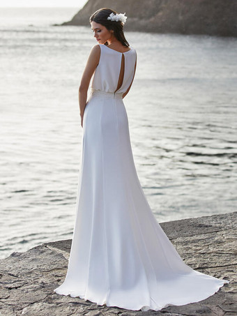 シンプルなウェディングドレス サテン生地 Vネック ノースリーブ レース Aライン ブライダルドレス