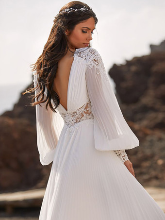 ボヘミアンウェディングドレス シフォン レース Aライン スイープ ナチュラルウエスト ジッパー 長袖 Vネック アイボリー