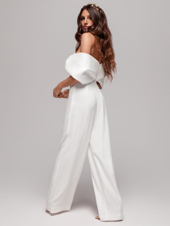 ツーピース ウェディングドレス サテン生地 バトーネック ジャンプスーツ 床長さ ジッパー ノースリーブ アイボリー