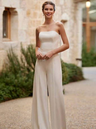 Braut Jumpsuit elfenbeinfarbe Hochzeit mit Rundkragen Brautkleider bodenlang Jumpsuits ärmellos Hochzeitskleid Zweiteilig Hosenanzug Braut