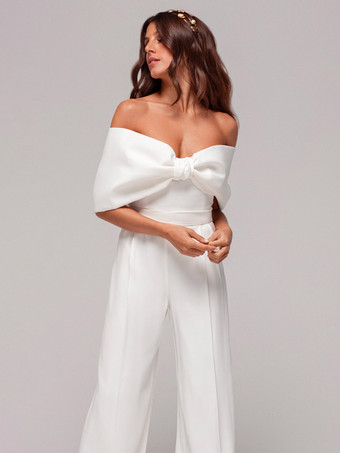 ツーピース ウェディングドレス サテン生地 バトーネック ジャンプスーツ 床長さ ジッパー ノースリーブ アイボリー