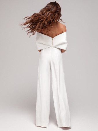 ツーピース ウェディングドレス サテン生地 バトーネック ジャンプスーツ 床長さ ジッパー ノースリーブ アイボリー