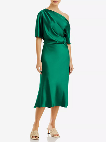 ダークグリーンブライダルマザードレス ワンショルダー 半袖 ショートプリーツ 膝丈ゲストドレス 結婚式用