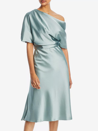 ブライダルマザードレス ワンショルダー 半袖 ショートプリーツ 膝丈ゲストドレス 結婚式用