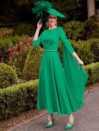 グリーン ブライダルマザードレス ジュエルネック 3/4丈 袖 Aライン サッシュ ゲストドレス 結婚式用