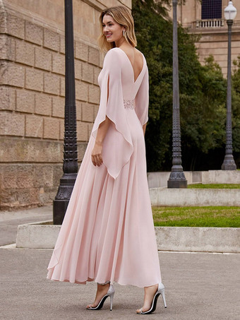 花嫁の母親のためのパーティードレス ジュエルネック ハーフスリーブ Aライン 足首丈 ウェディングゲストドレス