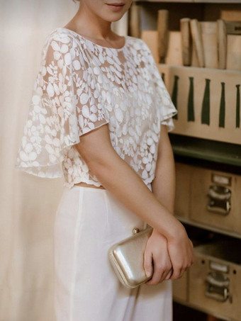 ホワイトツーピースウェディングドレス レース レース ジュエルネック ツーピース フロアレングス バックレス ショートスリーブ アイボリー