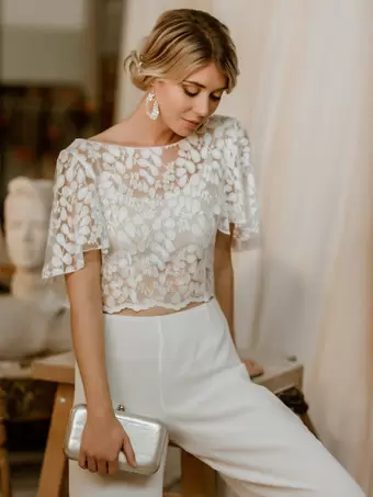 New Women's White Lace Shirt Backless Lace Short Sleeve Top 