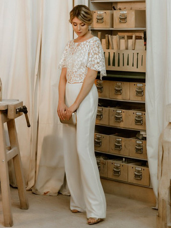 ツーピースウェディングドレス レース レース ジュエルネック ツーピース フロアレングス バックレス ショートスリーブ アイボリー