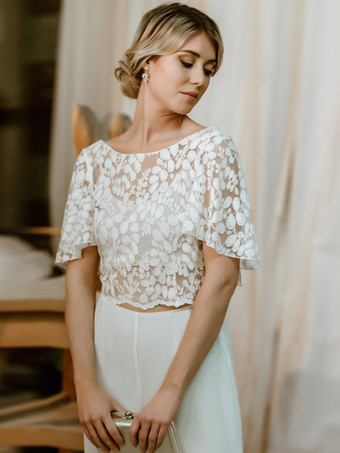 ツーピースウェディングドレス レース レース ジュエルネック ツーピース フロアレングス バックレス ショートスリーブ アイボリー