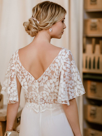 ツーピースウェディングドレス レース レース ジュエルネック ツーピース フロアレングス バックレス ショートスリーブ アイボリー