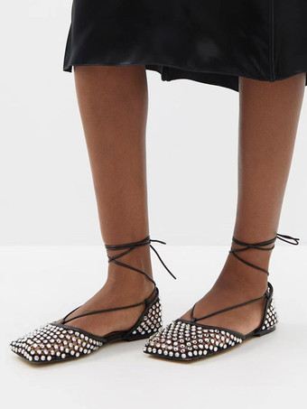 SchwarzFlache Damensandalen mit Strasssteinen zum Schnüren  Party- und Abschlussballschuhe
