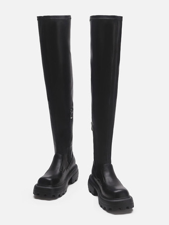 ブラック ニーハイ ブーツ レディース ラウンドトゥ フラット ブーツ