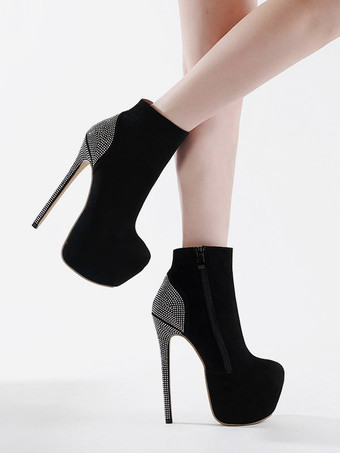 Women's Rhinestones Round Toe Stiletto Heel Booties