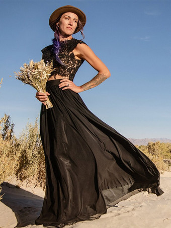 ブラックブラック ウェディングドレス Aライン 半袖 レース マキシレングス ブライダルドレス