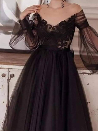 ブラック ウェディングドレス レース Aライン 長袖 ナチュラル ウエスト レース 足首までの長さのブライダルドレス