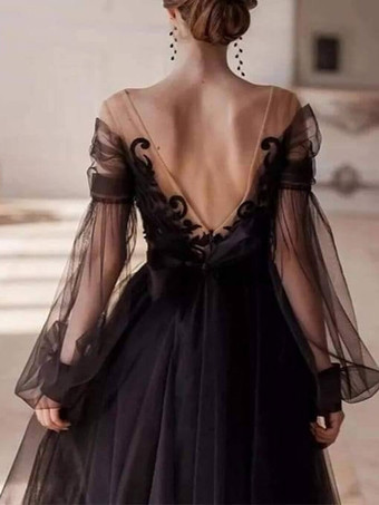 ブラック ウェディングドレス レース Aライン 長袖 ナチュラル ウエスト レース 足首までの長さのブライダルドレス