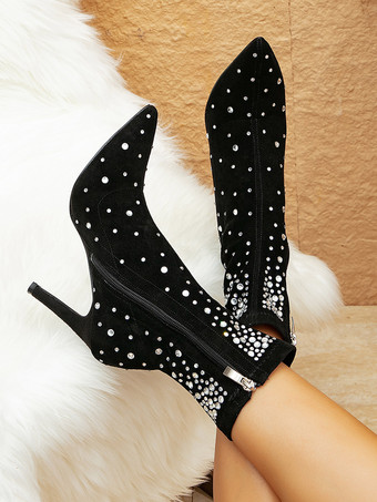 レディース ラインストーン スエード レザー ポインテッドトゥ スティレットヒール アンクルブーツ