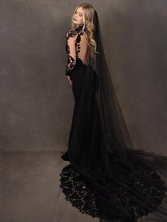 Black Wedding Dresses Mermaid Long Sleeves Lace Satin Fabric Court Train  Bridal Dress - Milanoo.com
