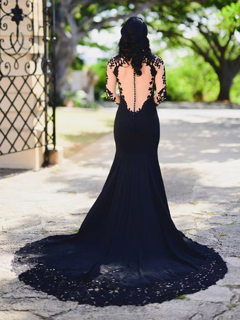 黒のウェディングドレス マーメイド 長袖 レース サテン生地 コートトレイン ブライダルドレス