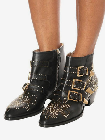 Black Ankle Boots Women Beaded Buckle Detail Motorcycle Boots