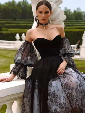 black lace tea length wedding dress Black Loyal Wedding Dresses A-Line Long Sleeves Lace Lace Tea-Length Bridal  Dress