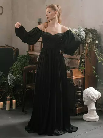 Black Wedding Dresses Satin Fabric A-Line Long Sleeves Natural Waist  Pleated Court Train Bridal Dress