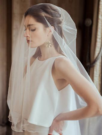 Ivory Wedding Veils One-Tier Tulle Finished Edge Waterfall Long Bridal Veil  - Milanoo.com