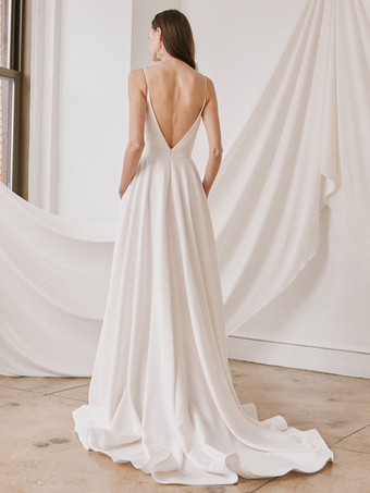 シンプルなウェディングドレス サテン生地 Vネック ノースリーブ Aライン ブライダルドレス