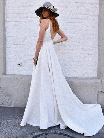 ホワイトシンプルなウェディングドレス サテン生地 Vネック ノースリーブ Aライン ブライダルドレス