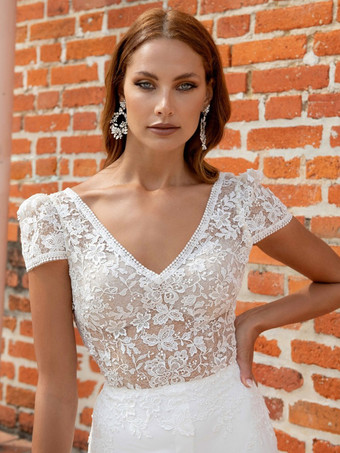 ブライダルジャンプスーツ サテン生地 レース スイープジャンプスーツ Vネック 半袖 ナチュラルウエスト アイボリー