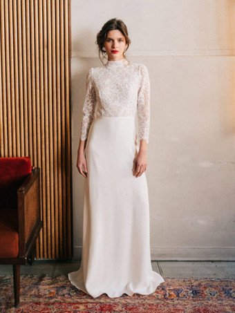 アイボリーシンプルなウェディングドレス レース ハイカラー ロングスリーブ レース Aライン ブライダルガウン