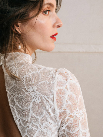 シンプルなウェディングドレス レース ハイカラー ロングスリーブ レース Aライン ブライダルガウン