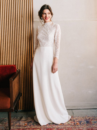 シンプルなウェディングドレス レース ハイカラー ロングスリーブ レース Aライン ブライダルガウン